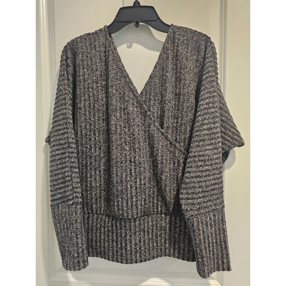 Womens szL EXPRESS Gray Textured Ribbed Deep V Neck Long Sleeve Sweater Top Fall